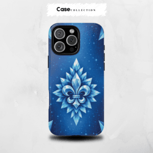 Étui bleu avec fleur de lys cristalline et fond étoilé