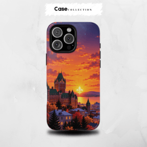 Étui avec Château Frontenac, fleur de lys et horizon au coucher du soleil