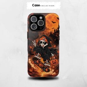 Étui Halloween avec squelette skateur, citrouilles et grande lune orange