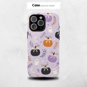Étui Halloween pastel mauve avec citrouilles, fantômes et lunes